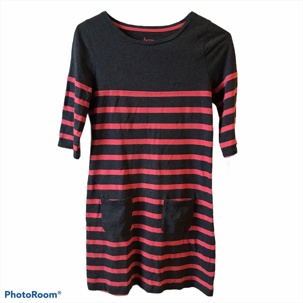 Boden Striped T-Shirt Dress Girls Grey Orange 9-10y 3/4 Sleeve Pockets